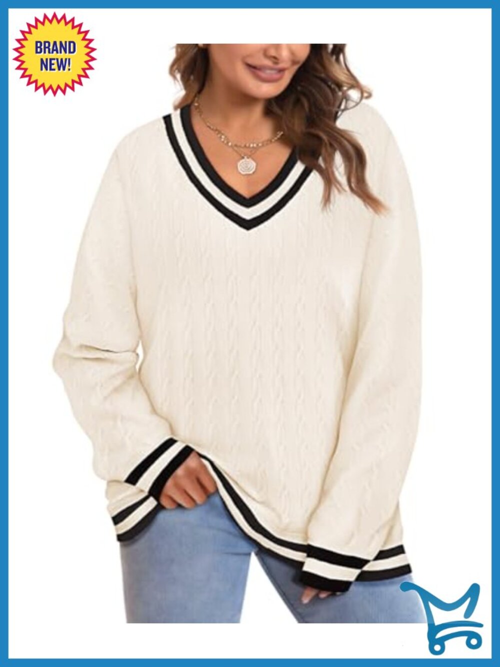 Plus Size Cable Knit V-Neck Long Sleeve Sweater Pullover